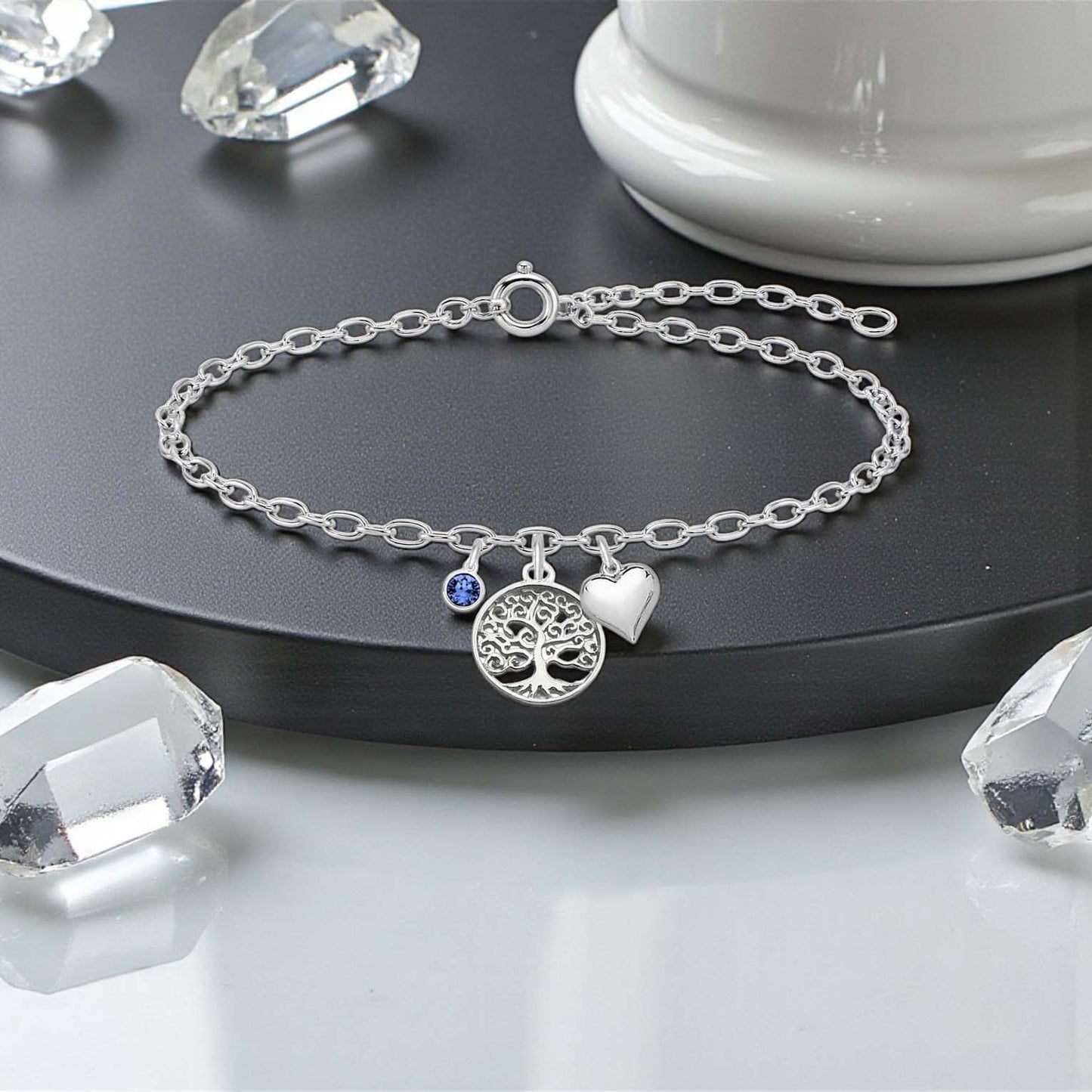 Tree of Life Bracelet with Puffy Heart & Birthstone | Sterling Silver 925 | Personalised Jewellery Gift