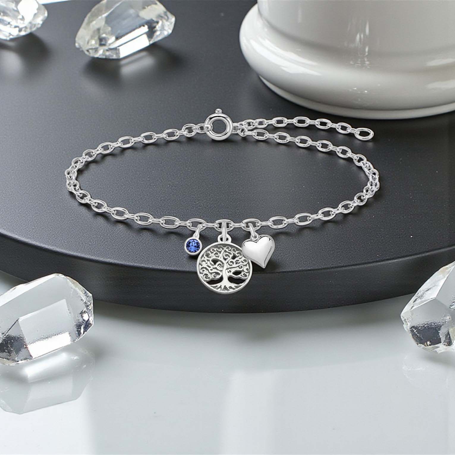 Tree of Life Bracelet with Puffy Heart & Birthstone | Sterling Silver 925 | Personalised Jewellery Gift