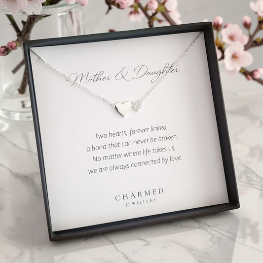 Mother Daughter CZ Heart Necklace | Sterling Silver 925 | Personalised Jewellery Gift
