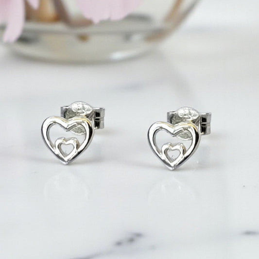 Sterling Silver Small Double Heart Stud Earrings | Outline Heart Design