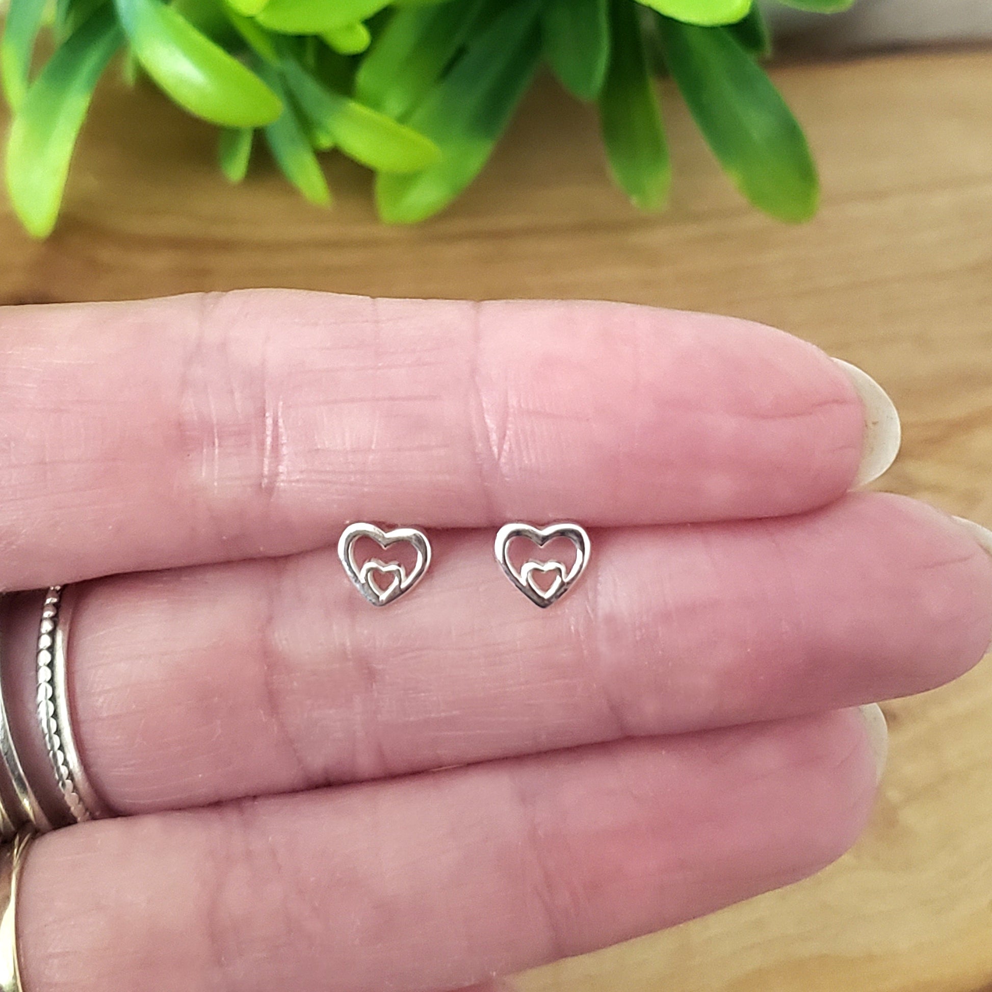 Sterling Silver Small Double Heart Stud Earrings | Outline Heart Design