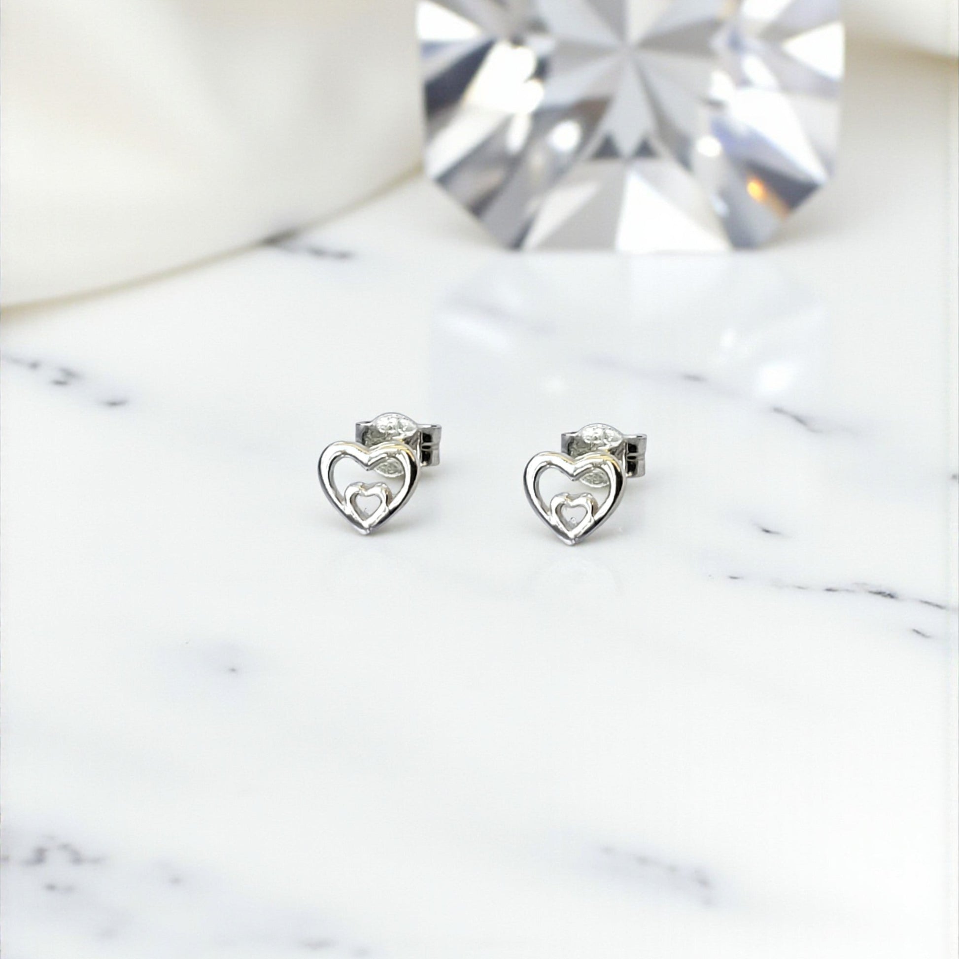 Sterling Silver Small Double Heart Stud Earrings | Outline Heart Design