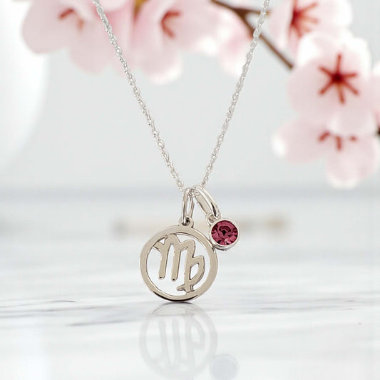 Zodiac Disc Birthstone Necklace in Sterling Silver 925 | Personalised Star Sign Jewellery Gift