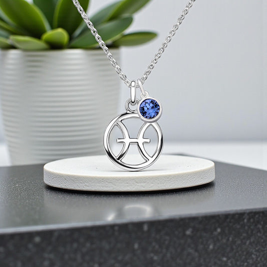 Zodiac Necklace with Birthstone in Sterling Silver 925 | Personalised Star Sign Jewellery Gift