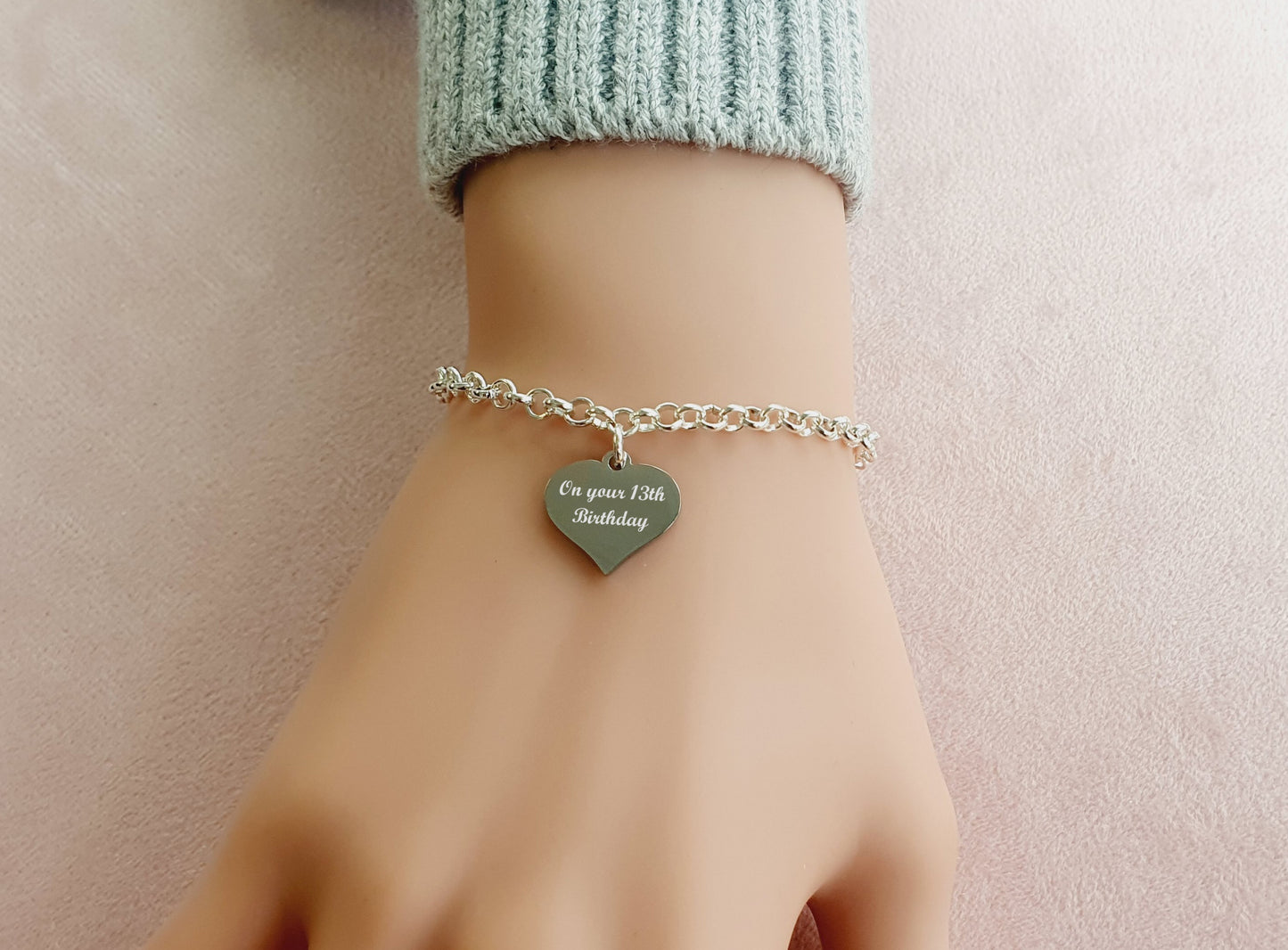 13th Birthday Engraved Heart Charm Link Bracelet, Personalised Bracelet, Message Jewellery
