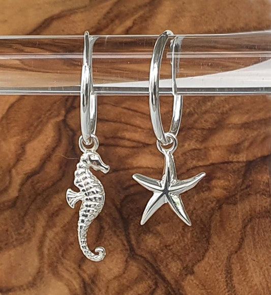 Charmed Silver Seahorse & Starfish Hoop Earrings 15mm 925 Sterling Silver