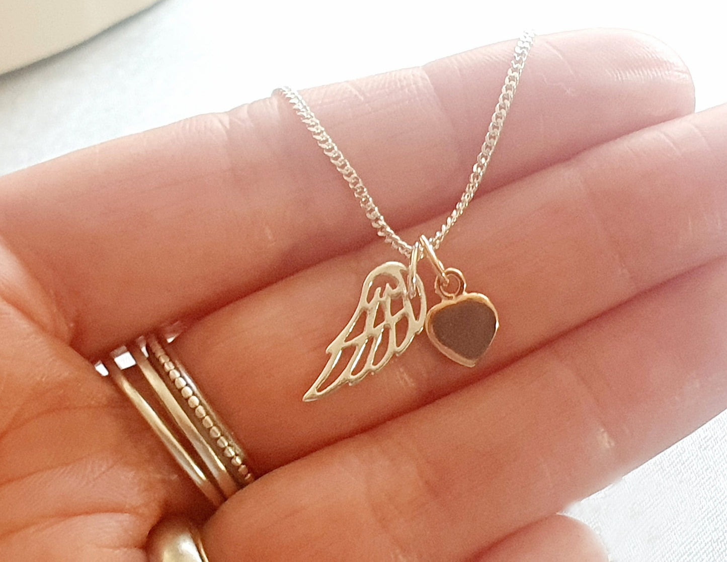 Godmother Gift, Angel Wing Necklace with Rose Gold Heart in Sterling Silver 925, Personalised Jewellery Gift
