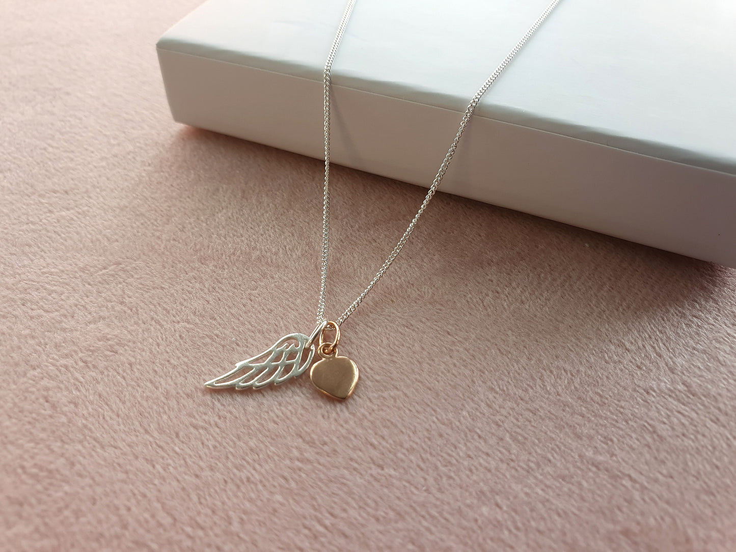 Godmother Gift, Angel Wing Necklace with Rose Gold Heart in Sterling Silver 925, Personalised Jewellery Gift
