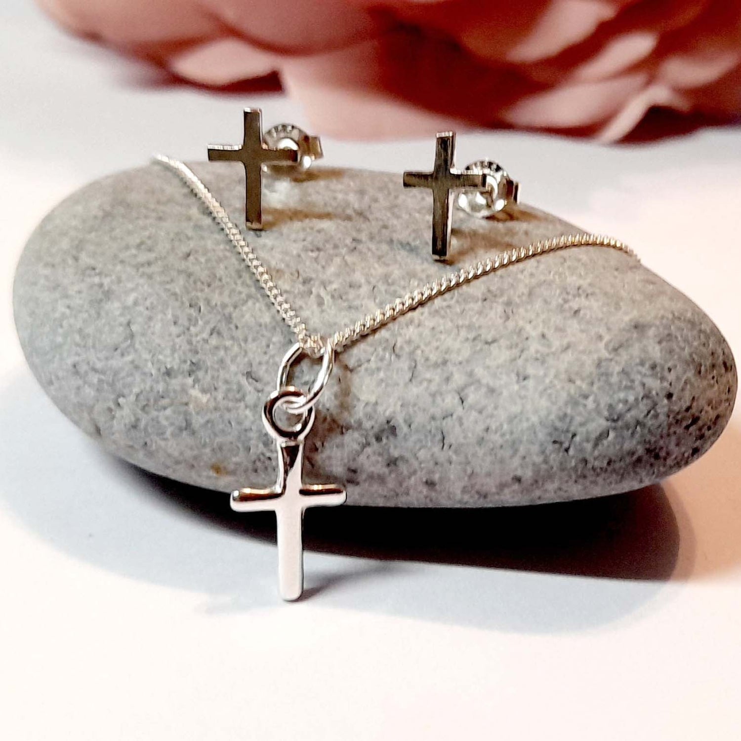 Cross Gift Set Necklace and Stud Earrings Sterling Silver, Personalised Jewellery