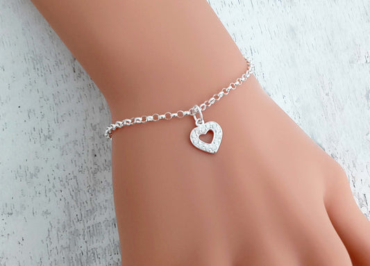 Cubic Zirconia Open Heart Link Bracelet 925 Sterling Silver