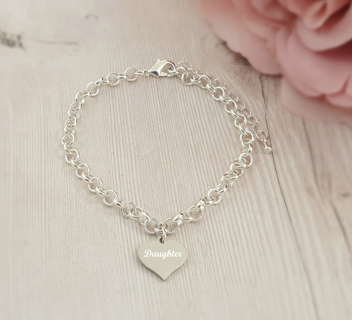Special Daughter Engraved Heart Charm Link Bracelet, Personalised bracelet, Message Jewellery