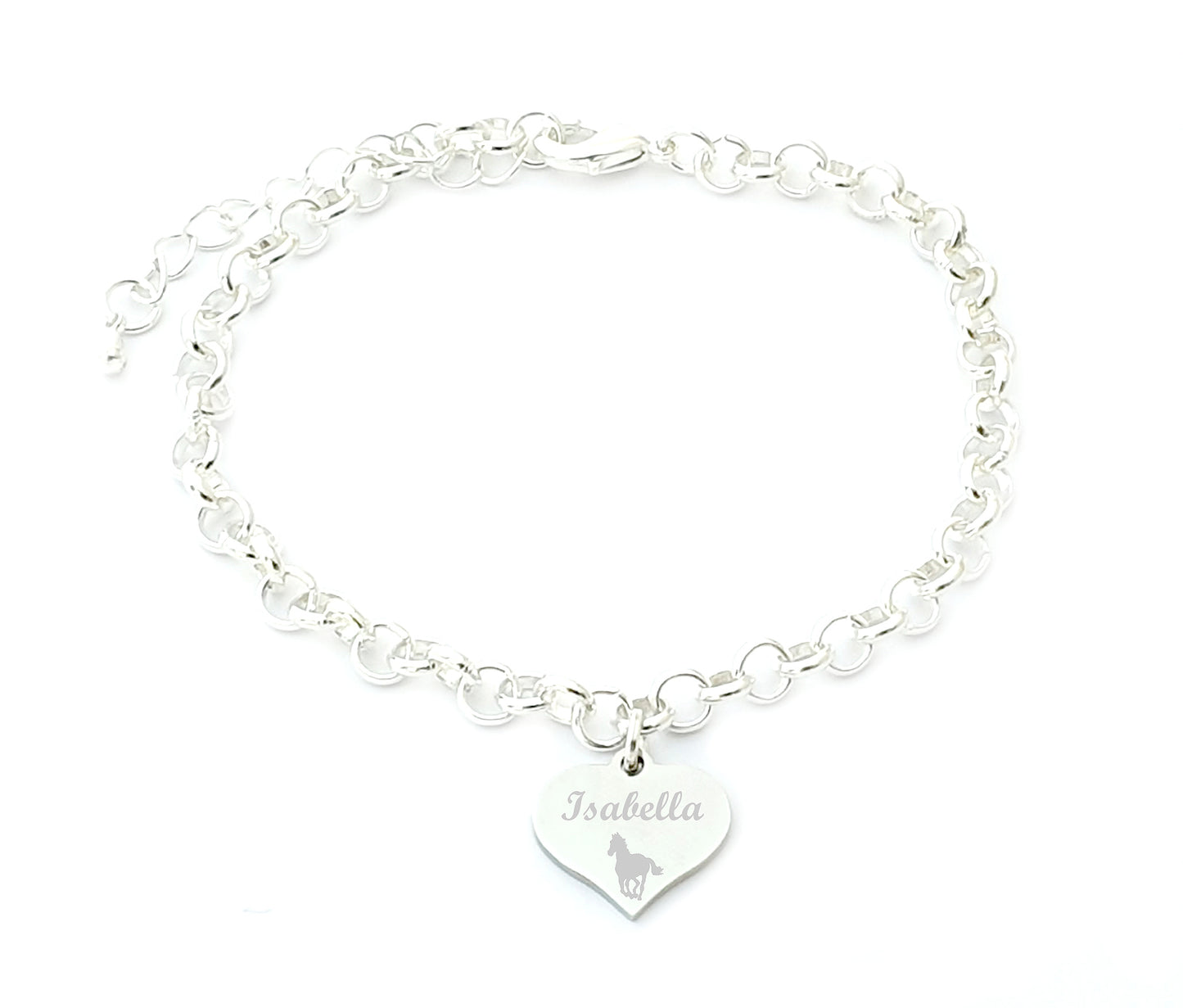 Horse Engraved Heart Charm Link Bracelet, Gift for Girls and Women, Message Jewellery