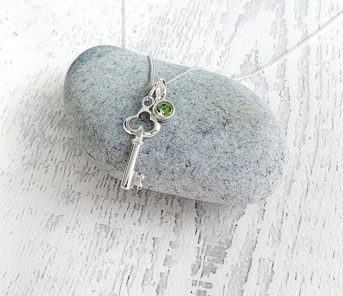 Key 925 Sterling Silver Necklace with Optional Crystal Birthstone - Includes a Personalised Gift Message