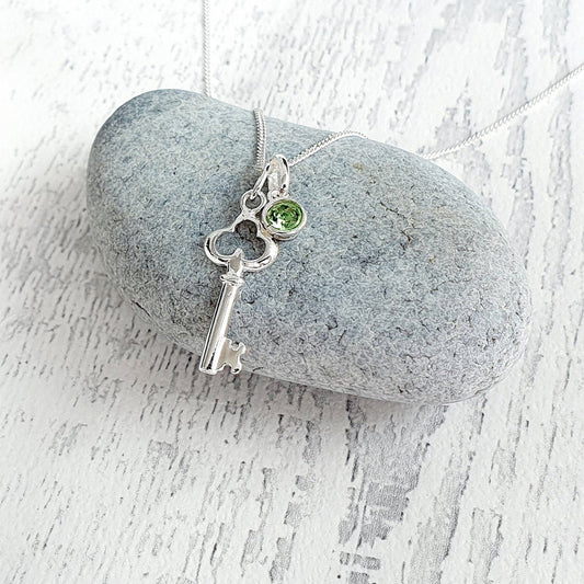 Key Birthstone Necklace Sterling Silver 925, Personalised Jewellery