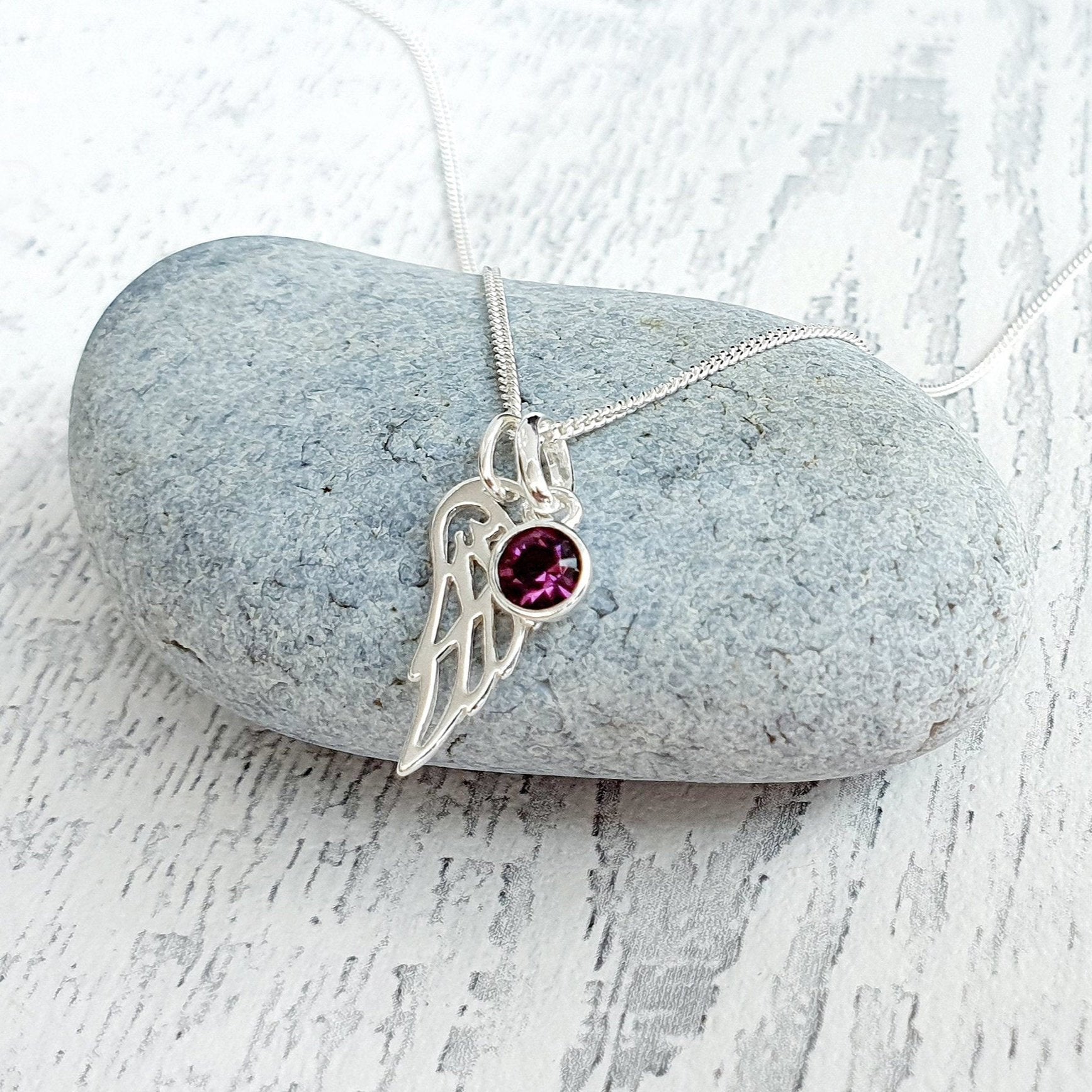Angel Wing Birthstone Necklace Sterling Silver 925, Personalised Jewellery