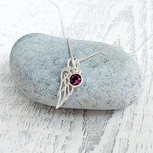 Angel Wing Birthstone Necklace Sterling Silver 925, Personalised Jewellery