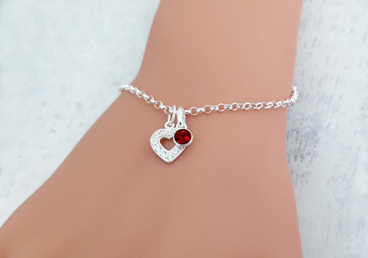 Cubic Zirconia Heart 925 Sterling Silver Link Bracelet with Optional Birthstone - Includes a Personalised Gift Message