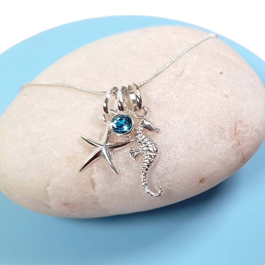 Under the Sea Starfish & Seahorse 925 Sterling Silver Necklace with Choice of Birthstone Crystal  -  Includes a Personalised Gift Message