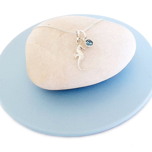 Seahorse Birthstone Necklace Sterling Silver 925, Personalised Jewellery