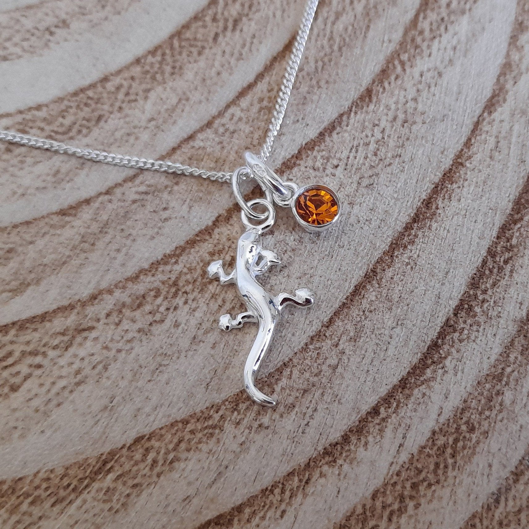 Gecko Birthstone Necklace Sterling Silver 925, Personalised Jewellery