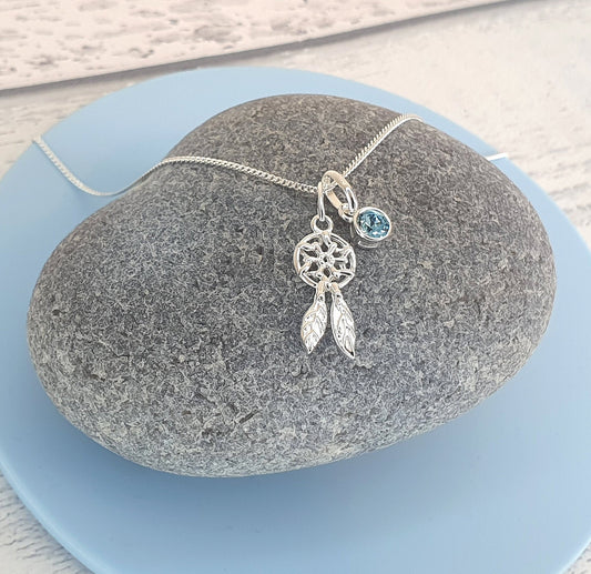 Dreamcatcher 925 Sterling Silver Necklace with Optional Crystal Birthstone - Includes a Personalised Gift Message