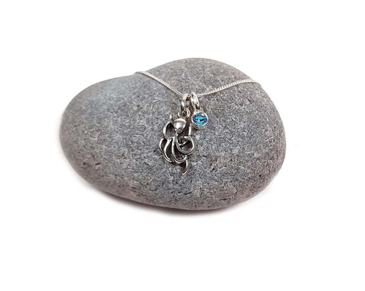 Octopus 925 Sterling Silver Necklace with Your Choice of Birthstone Crystal  -  Includes a Personalised Gift Message