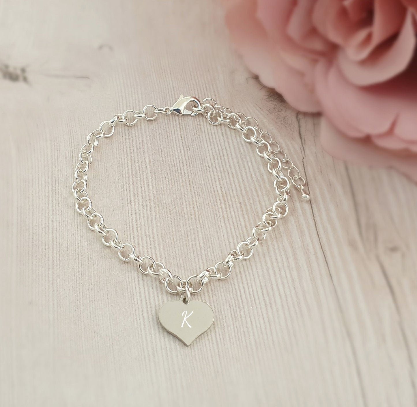 Initial Letter Engraved Heart Charm Link Bracelet, Personalised Message, Message Jewellery