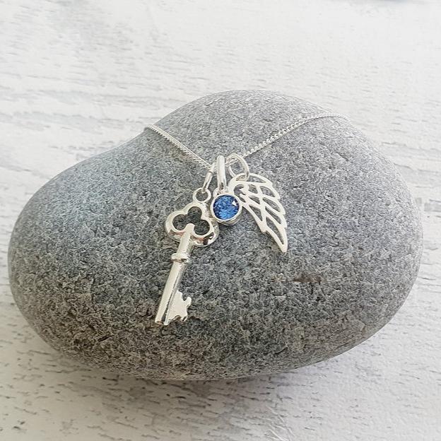 Key Angel Wing Birthstone Necklace 925 Sterling Silver, Personalised Jewellery