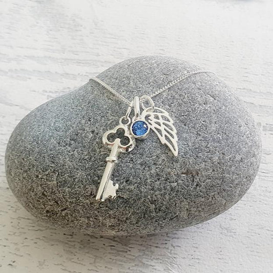 Key Angel Wing Birthstone Necklace 925 Sterling Silver, Personalised Jewellery