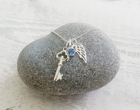 Key Angel Wing Necklace with Birthstone 925 Sterling Silver