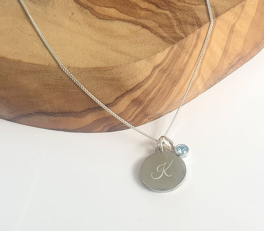Initial Letter Engraved Necklace with Birthstone, Personalised Necklace,  Personalised Gift