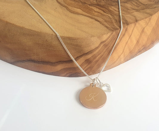 Initial Letter Engraved Disc Necklace with Open Heart, Personalised Gift