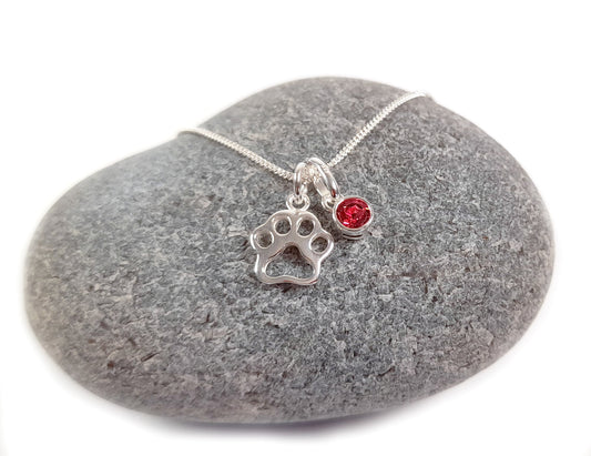 Open Paw Print Necklace with Swarovski Crystal Birthstone in Sterling Silver 925