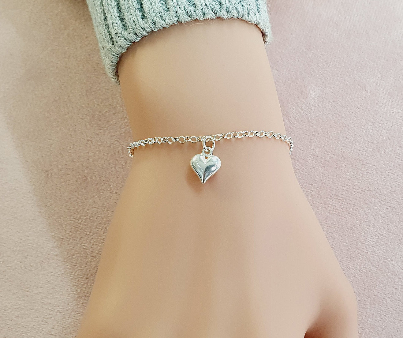 13th Birthday Puffy Heart Bracelet in Sterling Silver 925, Personalised Gift