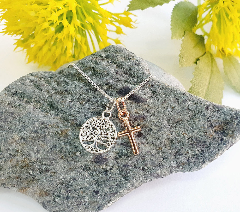 Tree of Life Cross Necklace with Rose Gold Cross 925 Sterling Silver